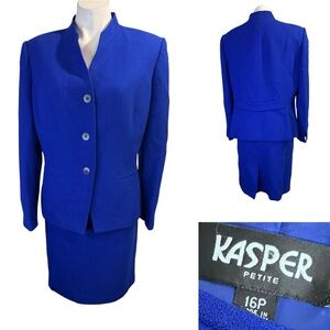 Kasper skirt Suit Set 16 petite Royal Blue knee length 100% wool vintage